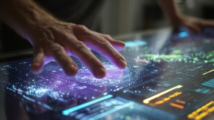 Hands engage with a futuristic display creating vibrant and dynamic visuals in a tech savvy environment.