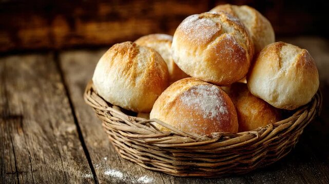 Close Up Of A Rustic Basket Of Golden Dinner Rolls On A Weathered Wooden Table Under Warm Natural Light With Flour Dusting Crusty Exterior And Soft Fluffy Interiors Casting Gentle Shadows
