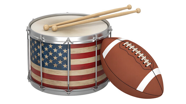 A drum with a patriotic design sits next to a brown, oval-shaped ball.