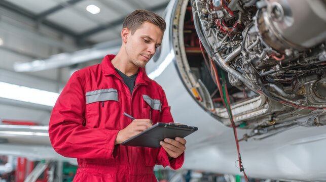 A skilled technician in a red uniform checks an aircraft engine inside a well lit hangar.