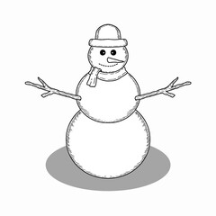 Hand drawn snowman sketch vector. Doodle snowman illustration with black lines, isolated on white background