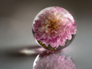 Delicate Pink Dahlia Bloom Encased Glass Sphere Reflective Surface Elegant Flower Petals Floral Still Life Art