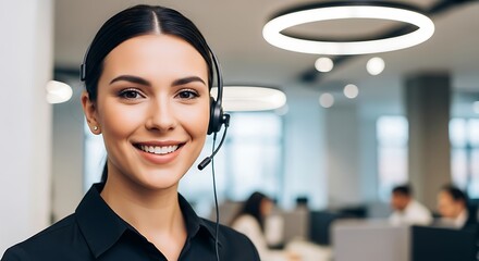 Smiling female customer service representative wearing headset in office space
