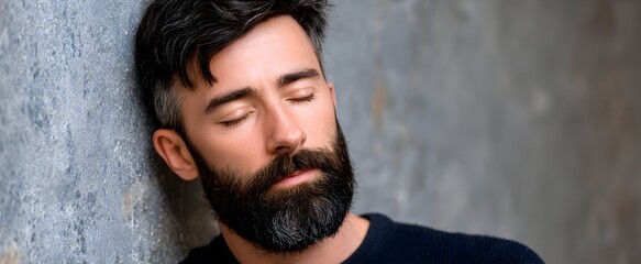The bearded man with closed eyes feels deep calm leaning on the textured gray wall.