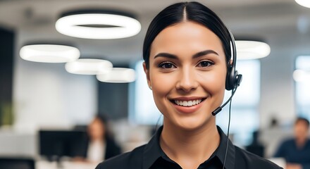 Smiling woman in headset working as a customer service representative