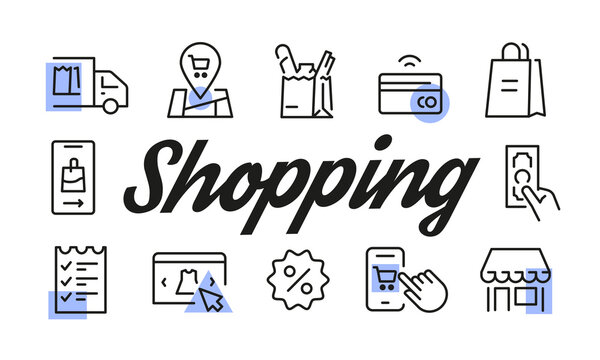 Shopping poster. Shopping banner design with retail icons. Bag, Cart, Creditcard, Store, Receipt icons. Simple poster for presentations, covers. Banner template. Vector illustration.