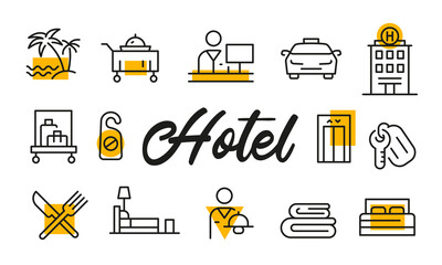 Hotel poster with vector icons. Hospitality, travel, room service, luggage, concierge, bed, elevator, and key illustrations. Perfect for booking, travel, or hotel-related design.