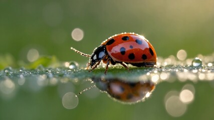 Close-up of a ladybug perched on a dewy leaf, reflecting in water droplets, with a blurred green background