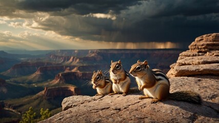 Three chipmunks perched on a rocky ledge overlooking a dramatic canyon landscape under stormy skies