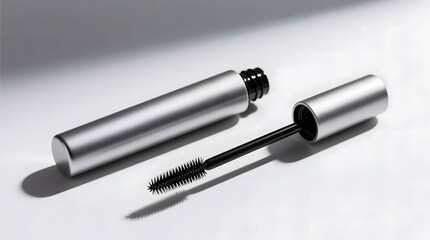 Fototapeta premium A high-detail rendering of an unbranded metallic mascara tube with its applicator wand and brush separated on a white background.
