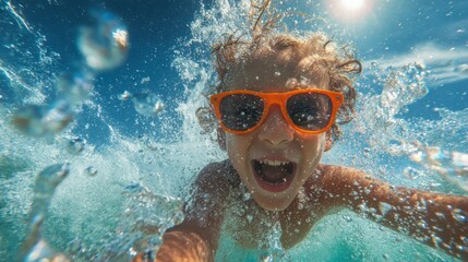 Fototapeta premium A young boy swims with excitement wearing orange sunglasses and splashing water all around him.