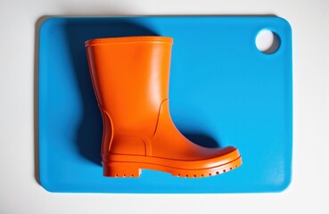 Bright orange rubber boot placed on a blue cutting board with a hole for hanging