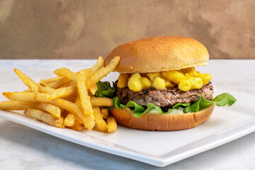  macaroni and cheese burger with french fries
