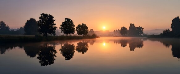 Fototapeta premium The peaceful sunrise dances on the lake like a whispered secret from misty trees.