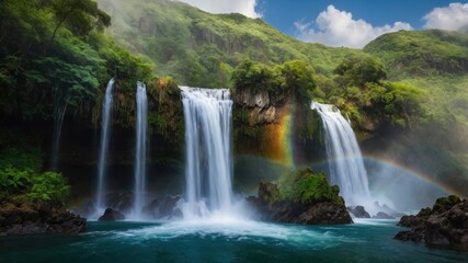 Obraz premium Majestic waterfalls cascading into a serene pool surrounded by lush greenery and a vibrant rainbow