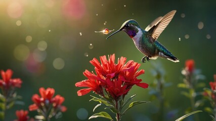Fototapeta premium Hummingbird hovering near vibrant red flowers in a sunlit garden, showcasing nature's beauty