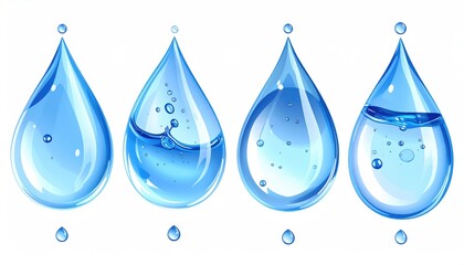 Four blue water droplets in varying states, showcasing light and internal reflections against a white background