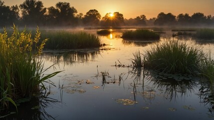 Fototapeta premium Serene sunrise over a misty wetland, showcasing lush grasses and tranquil waters reflecting light
