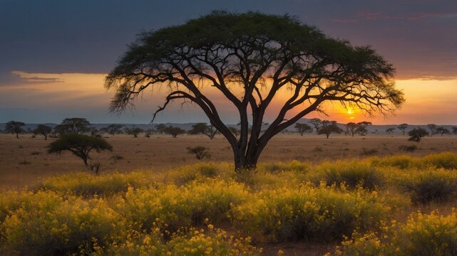 Majestic sunset over a vast savanna landscape with a solitary tree surrounded by vibrant yellow flowers - Powered by Adobe