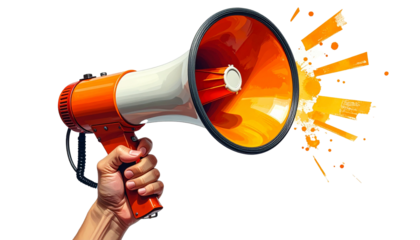 Hand hält Megaphon – isoliert auf weißem Hintergrund, Freisteller, transparent