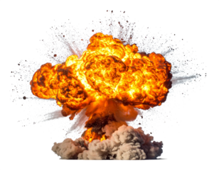 Explosion mit Feuerball isoliert auf weißem Hintergrund, freigestellt