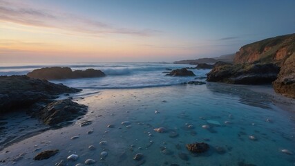 Obraz premium Serene coastal sunset with gentle waves lapping at rocky shore, featuring vibrant colors and tranquility