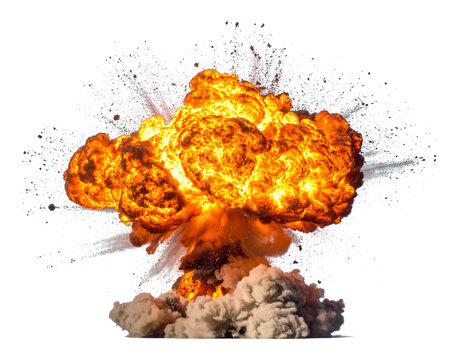 Explosion mit Feuerball isoliert auf weißem Hintergrund, freigestellt