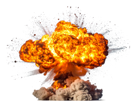 Explosion mit Feuerball isoliert auf weißem Hintergrund, freigestellt