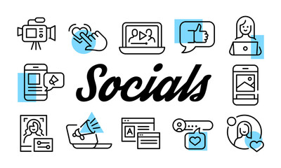 Social media poster. Social media banner design with digital icons. Laptop, Like, Heart, Smartphone, Profile icons. Simple poster for presentations, covers. Banner template. Vector illustration.