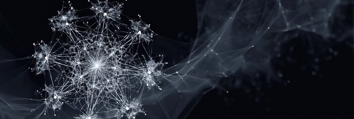 A detailed representation of a complex network showcasing interconnected nodes and lines that symbolize digital connections and data flow in a dark environment.