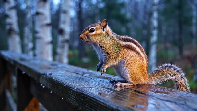 A chipmunk perches on a wooden railing, its ears perked and fur glistening with moisture, surrounded by hazy trees and a blurred forest background after a rain