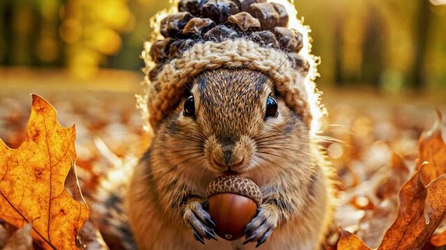 A cute chipmunk wearing a hat made of a pine cone holds an acorn, surrounded by vibrant autumn leaves, with soft sunlight filtering through the trees in a forest