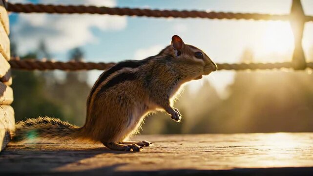 A chipmunk leaps energetically off a wooden surface, illuminated by the warm glow of sunlight and set against a blurred natural background