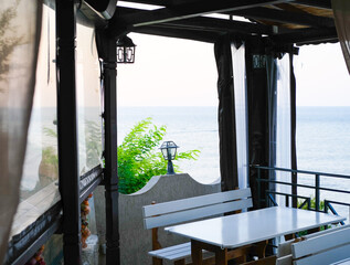 A table in a cafe by the sea