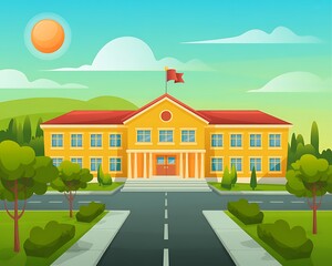 Naklejka premium Bright sunny day at a cheerful yellow school building with green landscape