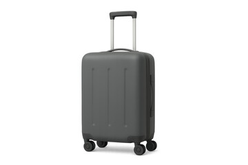 Gray rolling plastic suitcase with retractable handle for travel luggage on transparent background