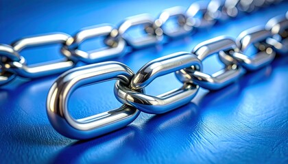 Obraz premium Polished metal chain on smooth blue surface, symbolizing strength and connection.