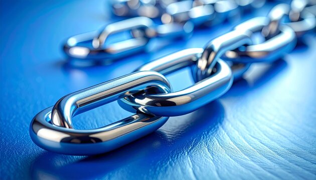 Polished metal chain on smooth blue surface, symbolizing strength and connection.
