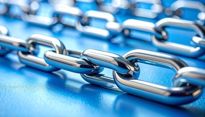 Fototapeta premium Polished metal chain on smooth blue surface, symbolizing strength and connection.