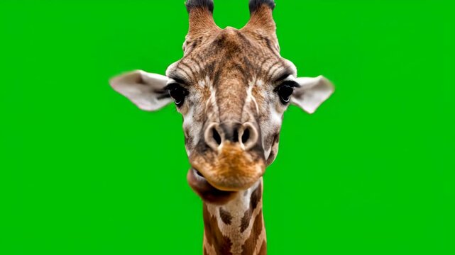 Closeup portrait of a giraffes head with a green screen background, showing its distinctive patterned fur and gentle eyes