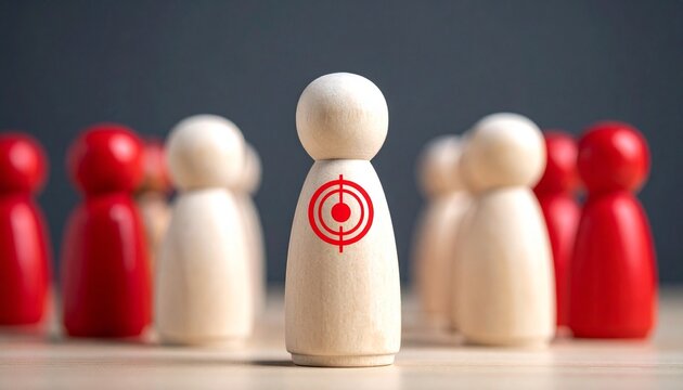 Red target-marked figurine among plain wood and red figures in blurred group setting.