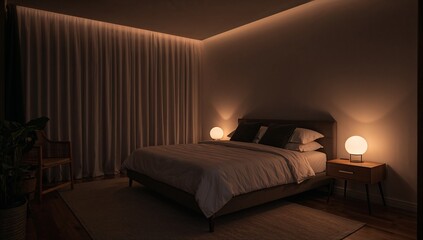 ベッドサイドに間接照明が灯る夜の寝室