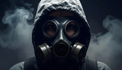 A person wearing a gas mask, shrouded in smoke