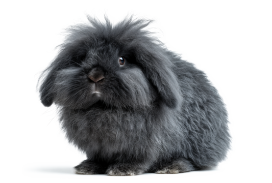 Cute gray lop-eared rabbit sitting on white background