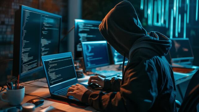 Anonymous hooded hacker programming on multiple computers