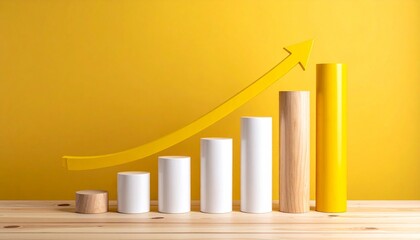 Descending cylinder bar graph with yellow arrow on solid yellow background.