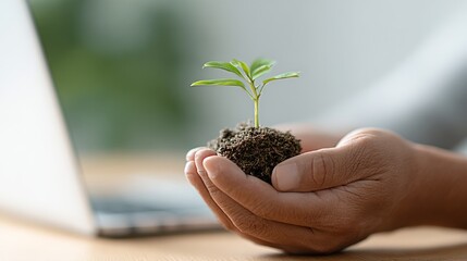 Close up of businessman's hands holding a small plant with soil, symbolizing sustainable business practices in a modern office setting with a laptop in the blurred background