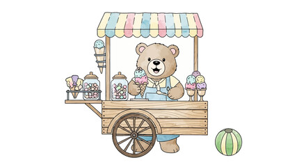 Ein niedlicher Teddyb&auml;r verkauft Eis am Stra&szlig;enkarren.