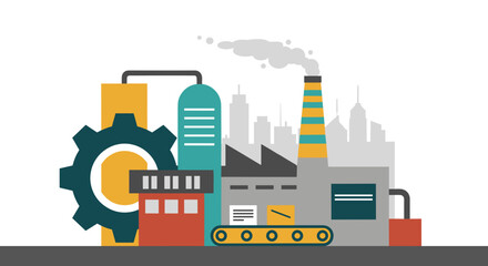 Obraz premium Factory and industrial production illustration with machinery and cityscape background