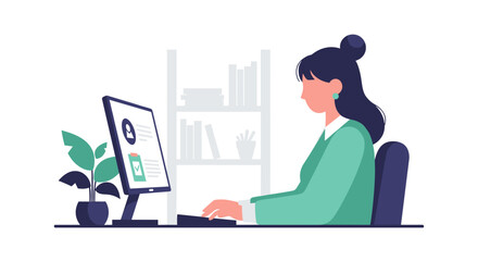 Professional woman working on computer at office desk reviewing digital documents